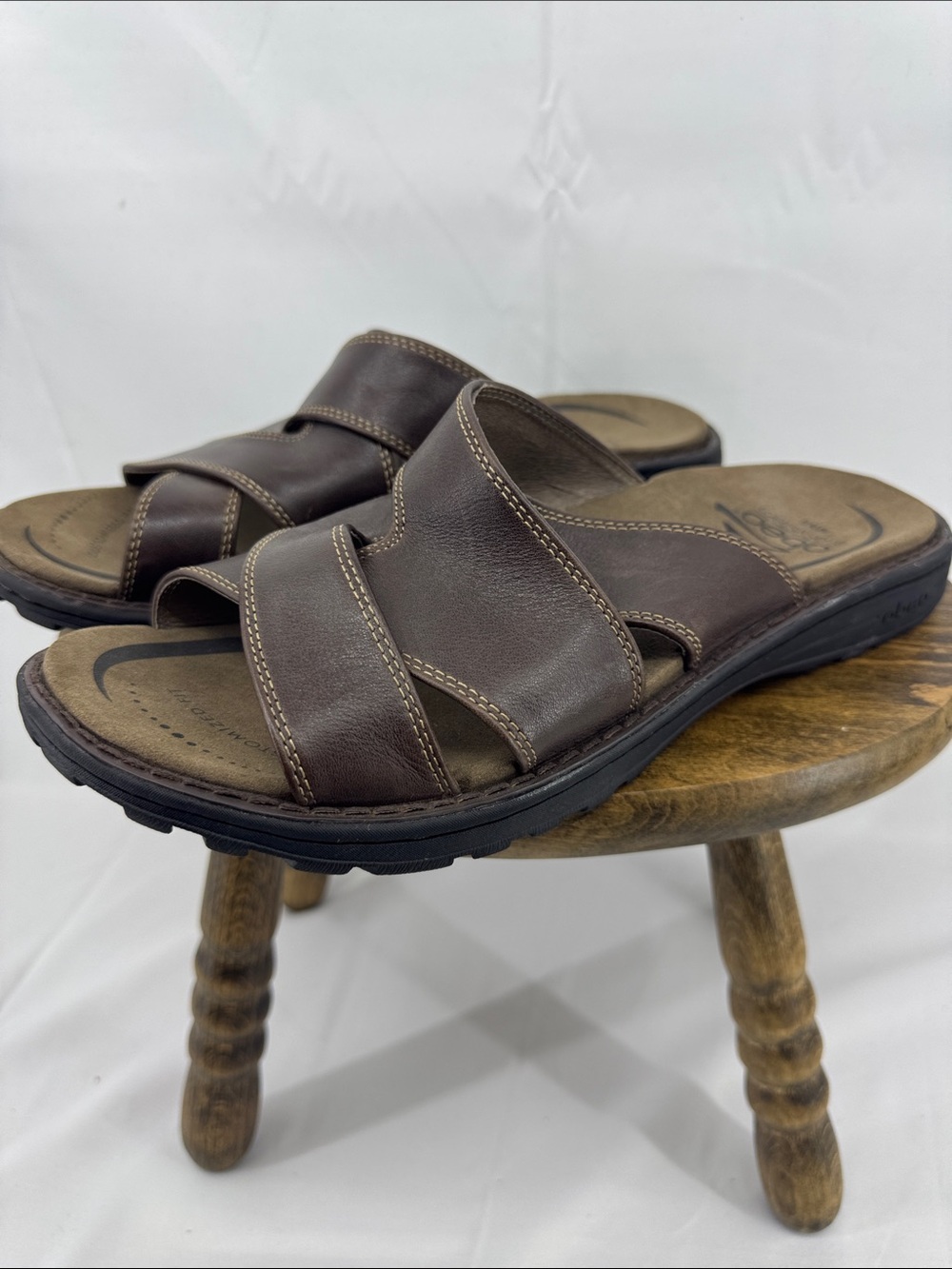 Abeo Mens Brant Neutral Brown Leather Criss-cross Strap Slides Sandals, sz 9